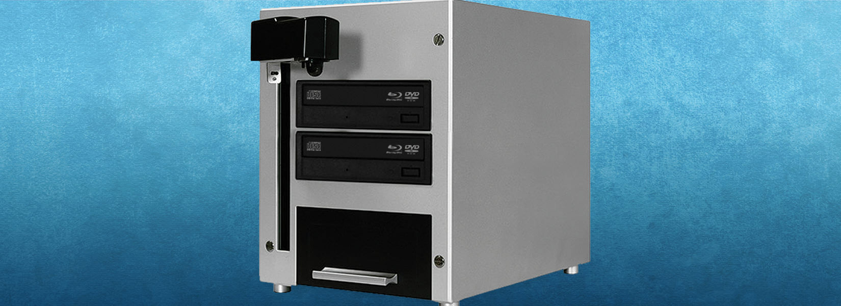 The Cube 2 Blu-ray Duplicator has 2 disc drives and can burn up to 10 Blu-ray discs per hour Cube 2 Blu-ray Duplicator