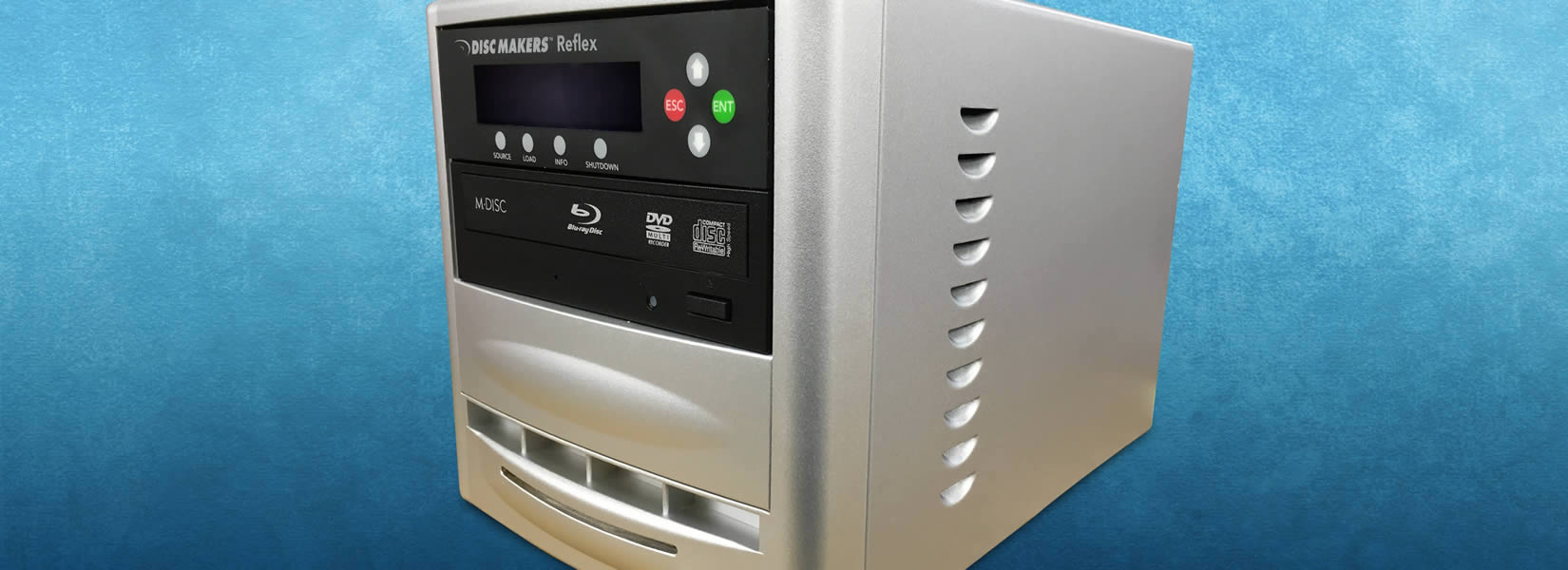 Burn BD-Rs, DVD-Rs, and CD-Rs with the ReflexBlu1 Manual Blu-ray Duplicator ReflexBlu1 Blu-ray Duplicator