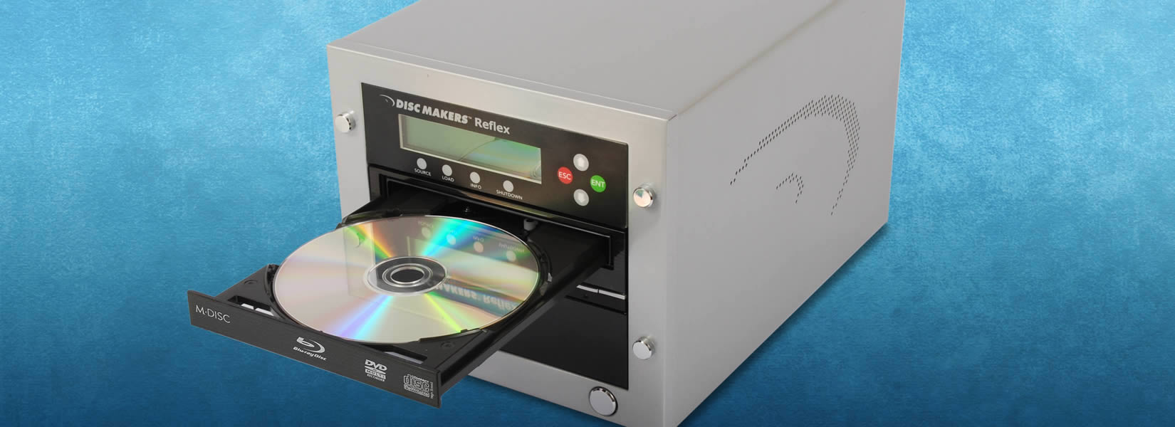 The ReflexBlu XS Blu-ray duplicator can duplicate Blu-rays, DVDs, and CD-Rs ReflexBlu XS Blu-ray Duplicator