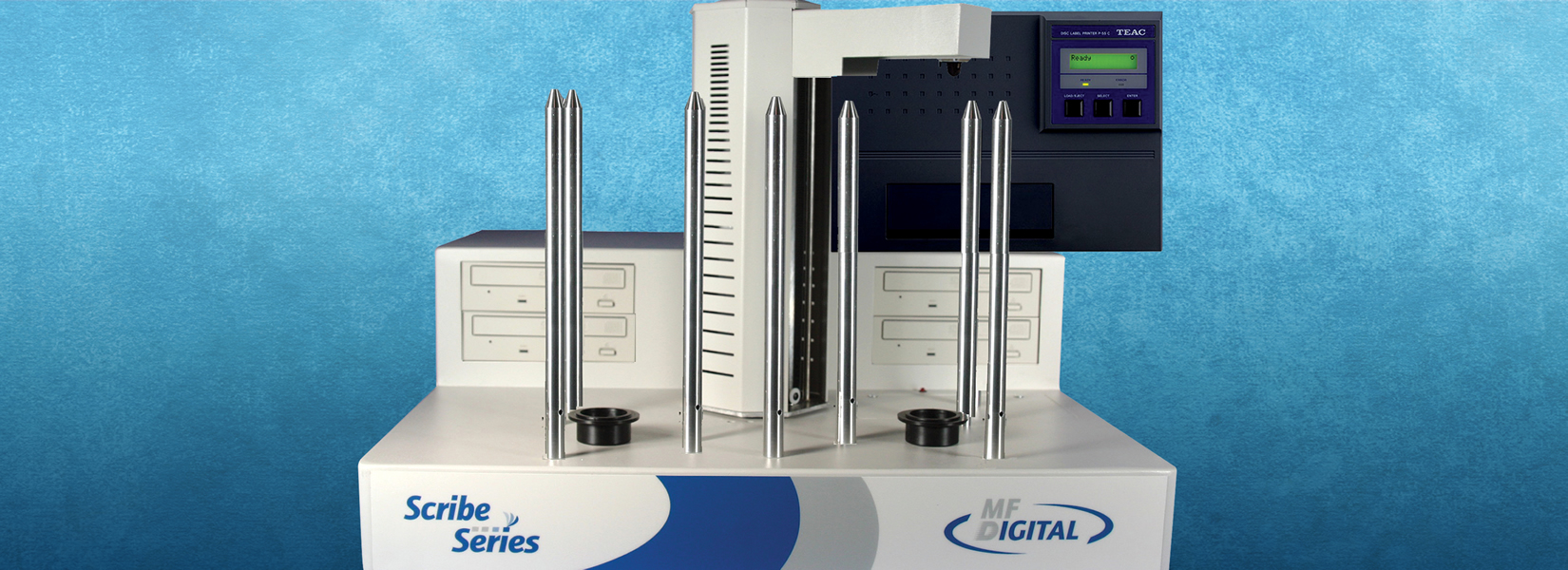 Combine the MF Digital Scribe 9600 Blu-ray 2-drive Disc Publisher with the TEAC P55C Dye-Sub Printer for the ultimate all-in-one disc publishing solution MF Digital Scribe 9600 2-drive Blu-ray Duplicator