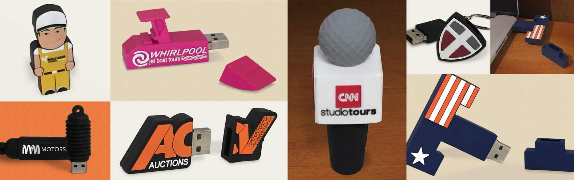 An assortment of custom-shaped USBs