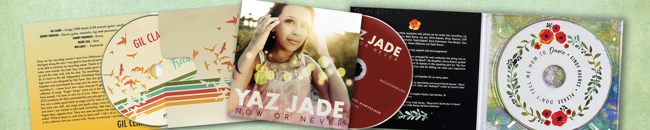 Custom CD packaging options with printed discs and digipak designs
